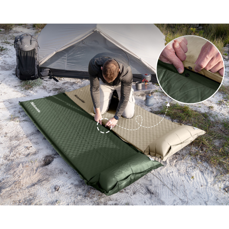 Матрац з подушкою ортопедичний одномісний  Naturehike CNK2450WS020, самонадувний, 200х63х10 см, темно-зелений