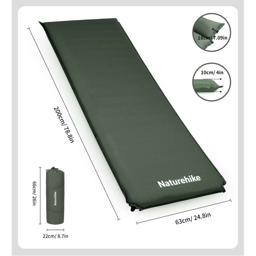 Матрац ортопедичний самонадувний одномісний  Naturehike CNK2450WS020, 200х63х10 см, темно-зелений