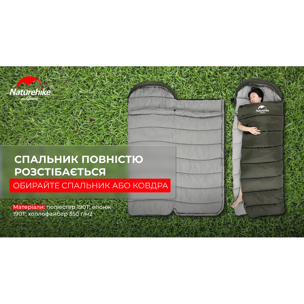 Спальник з капюшоном Naturehike U350 NH20MSD07, (1°C), правий, зелений