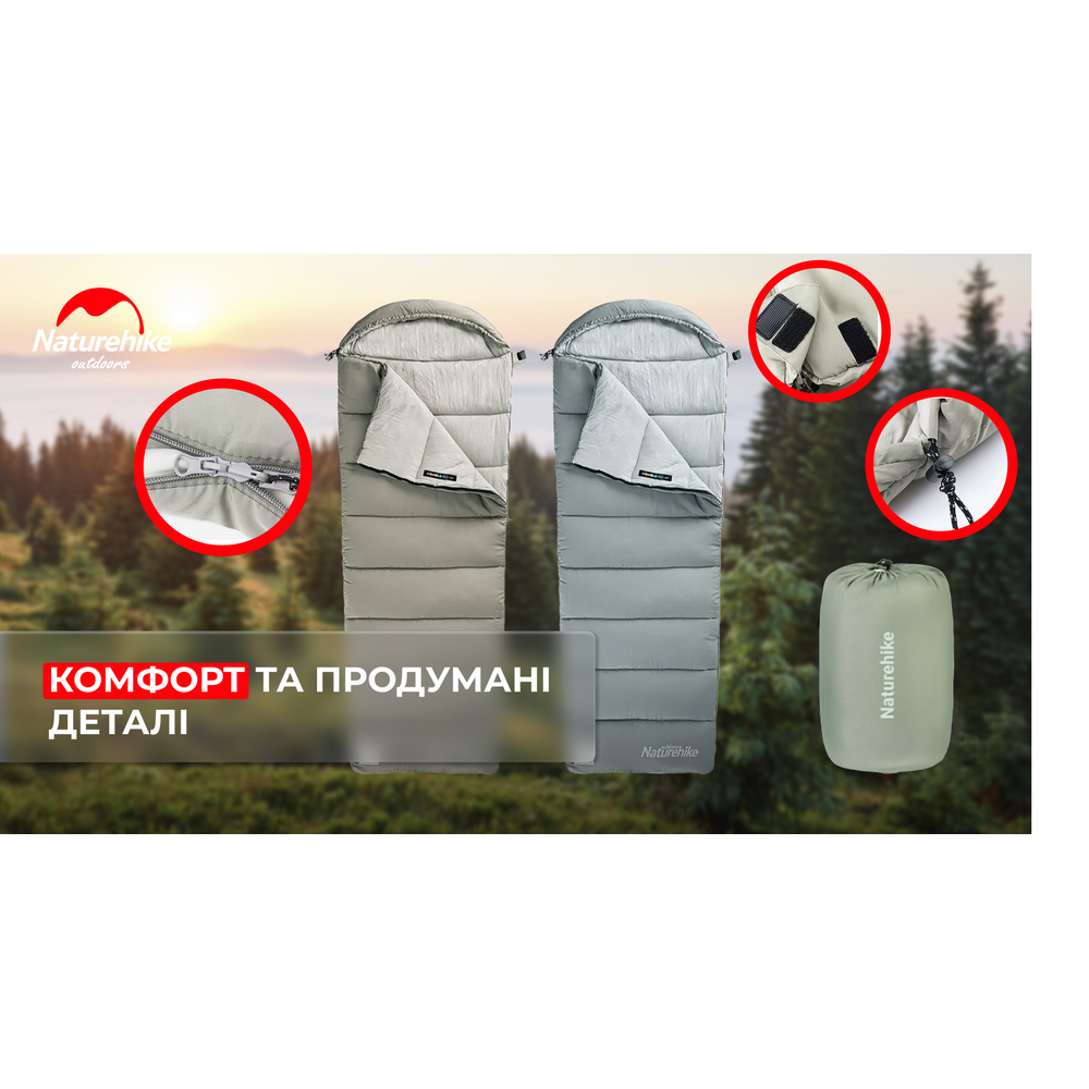 Спальник з капюшоном із звичайним мішком для зберігання Naturehike M400 CNK2350WS023, (1°C), правий, сірий