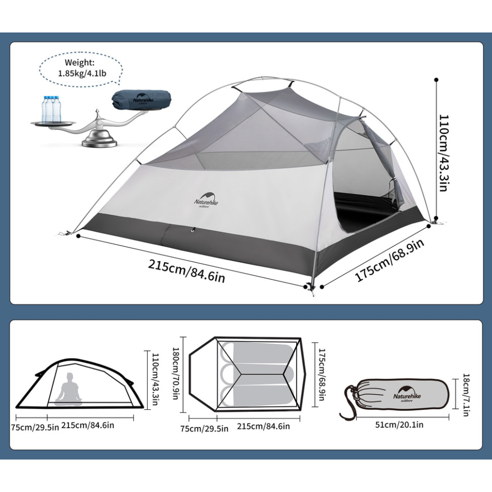 Намет надлегкий тримісний з футпринтом Naturehike Cloud Up 3 UL NH18T030-T-T, 20D, темно-синій