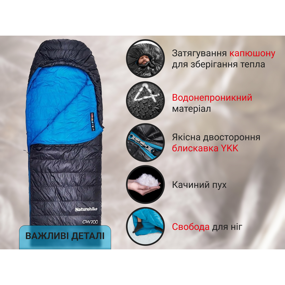 Спальник з натуральним пухом Naturehike CW700 CNK2450WS048, p-р M, чорно-блакитний