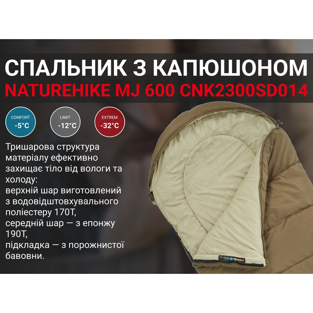 Спальник з капюшоном Naturehike MJ 600 CNK2300SD014, коричневий
