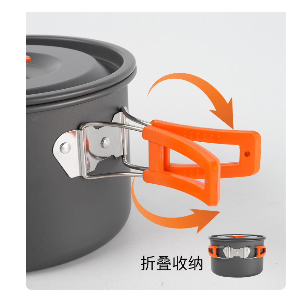 Набір туристичного посуду (2 каструлі з кришкою, котелок, сковорідка, чайник, 6 тарілок, ложка, черпак та губка) BRS-157, алюміній