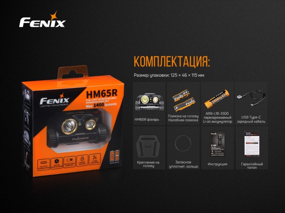 Ліхтар налобний Fenix HM65R + Ліхтар універсальний Fenix E-LITE