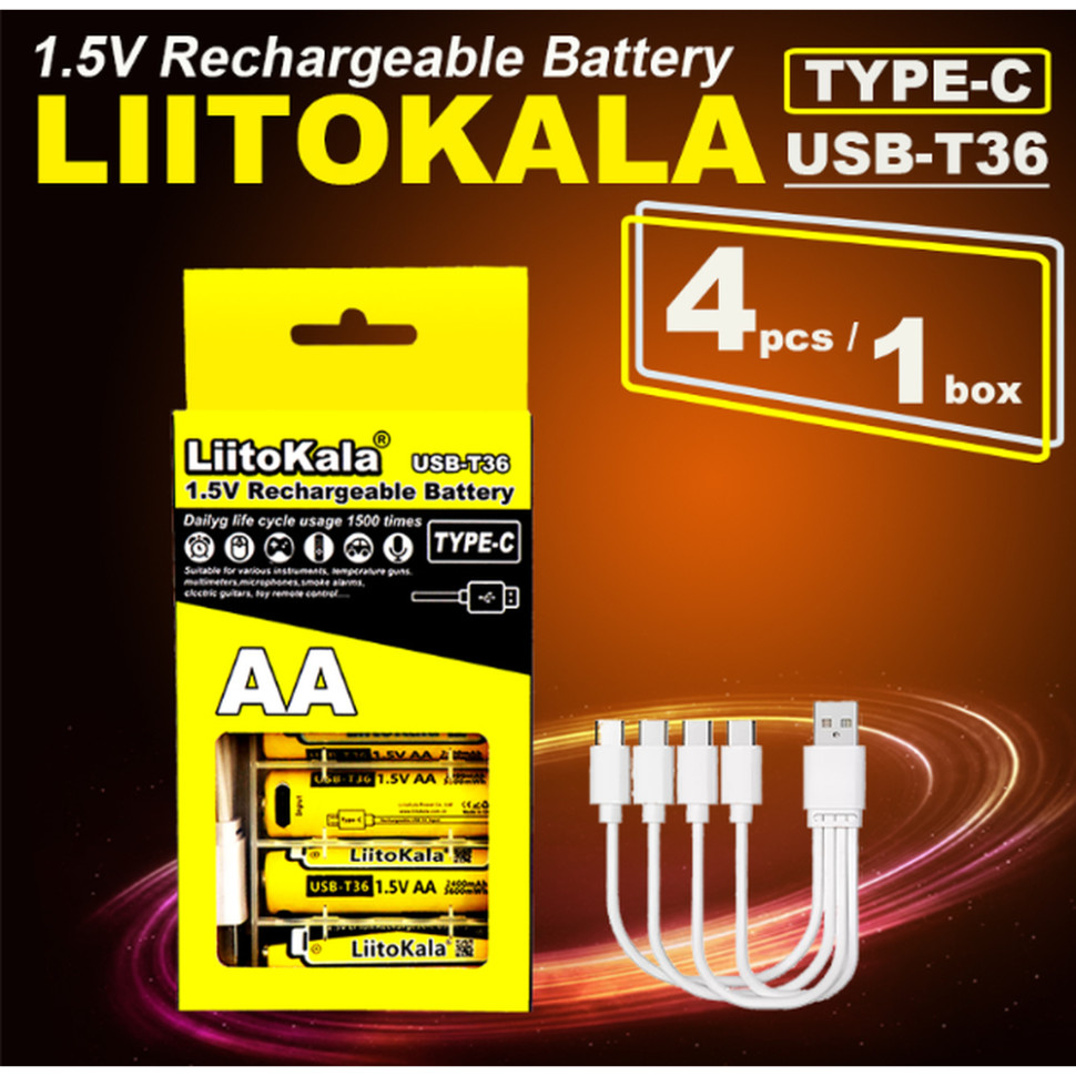 Набір акумуляторів з 4 шт LiitoKala USB-T36 + USB Type-C кабель зарядки