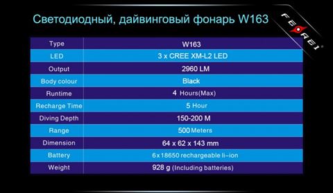 Фонарь для дайвинга Ferei W163 CREE XM-L2 (холодный свет диода)