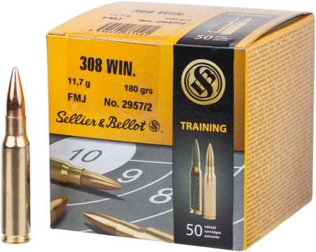 Патрон Sellier & Bellot Training кал.308 Win пуля FMJ масса 11,7 грамм/ 180 гран. Нач. скорость 735 м/с.