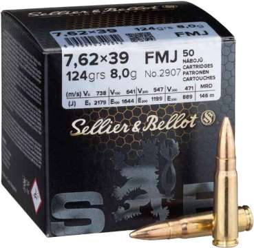 Патрон Sellier & Bellot кал. 7,62x39 пуля FMJ масса 8,0 г/ 124 гр. Нач. скорость 738 м/с.