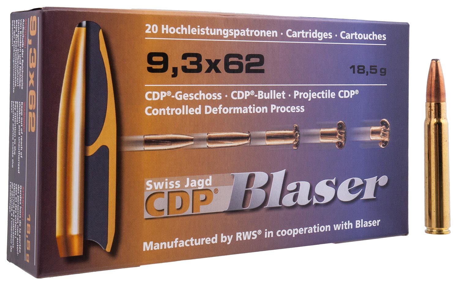 Патрон Blaser кал. 9,3х62 пуля CDP масса 18,5 грамм/ 285 гран