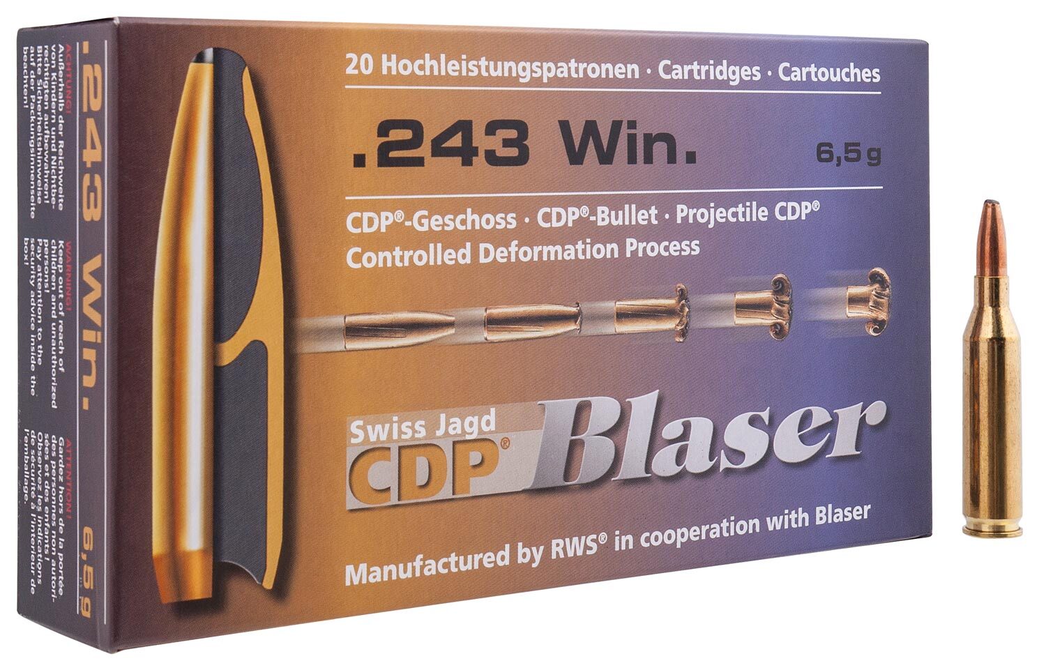 Патрон Blaser кал. 243 Win пуля CDP масса 6,5 грамм/ 100 гран