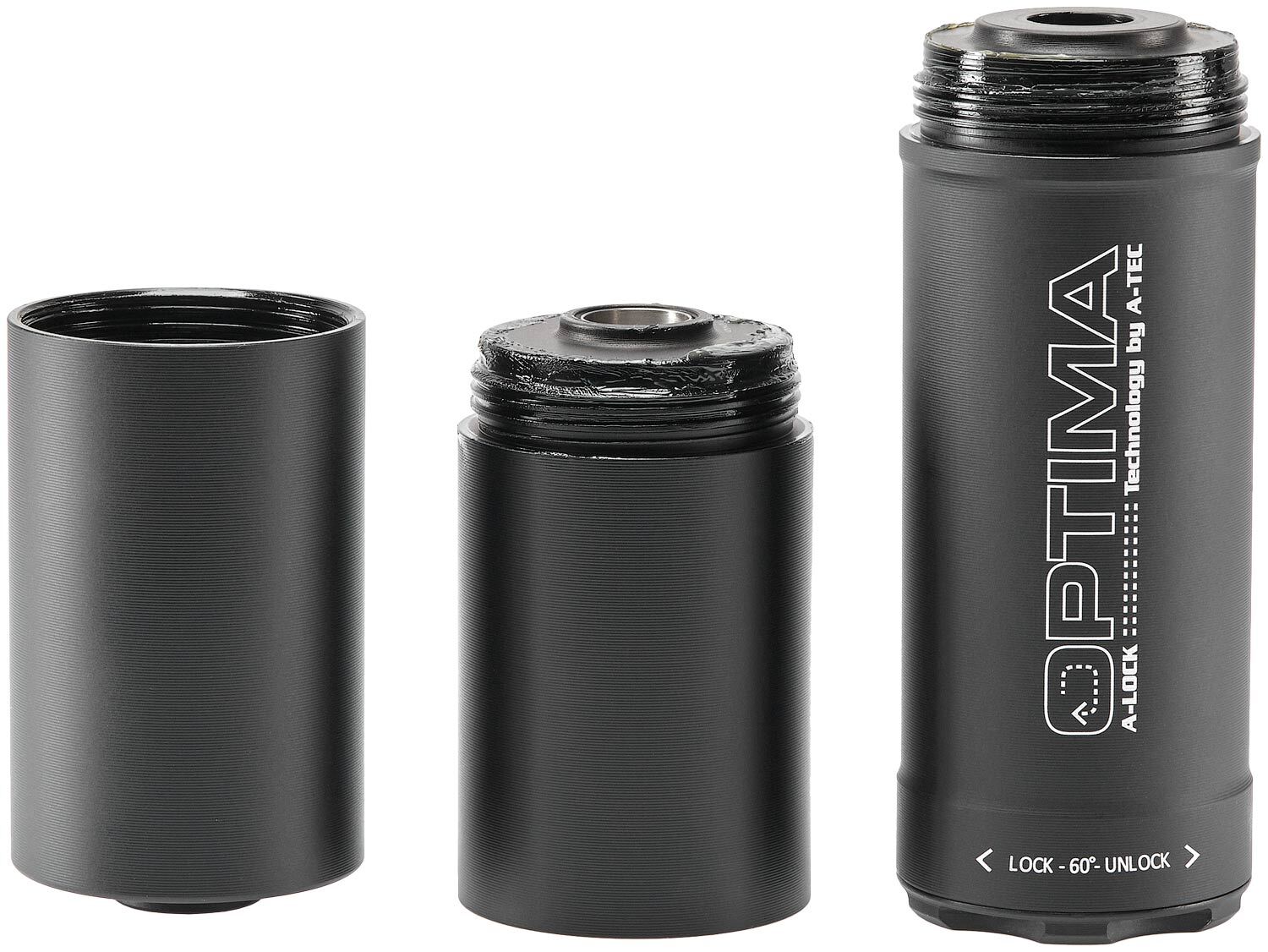 Саундмодератор A-TEC Optima-45 быстросъемный. Кал. - .224 (под кал. .222 Rem; .223 Rem и .22-250 Rem). Резьба - A-Lock Mini