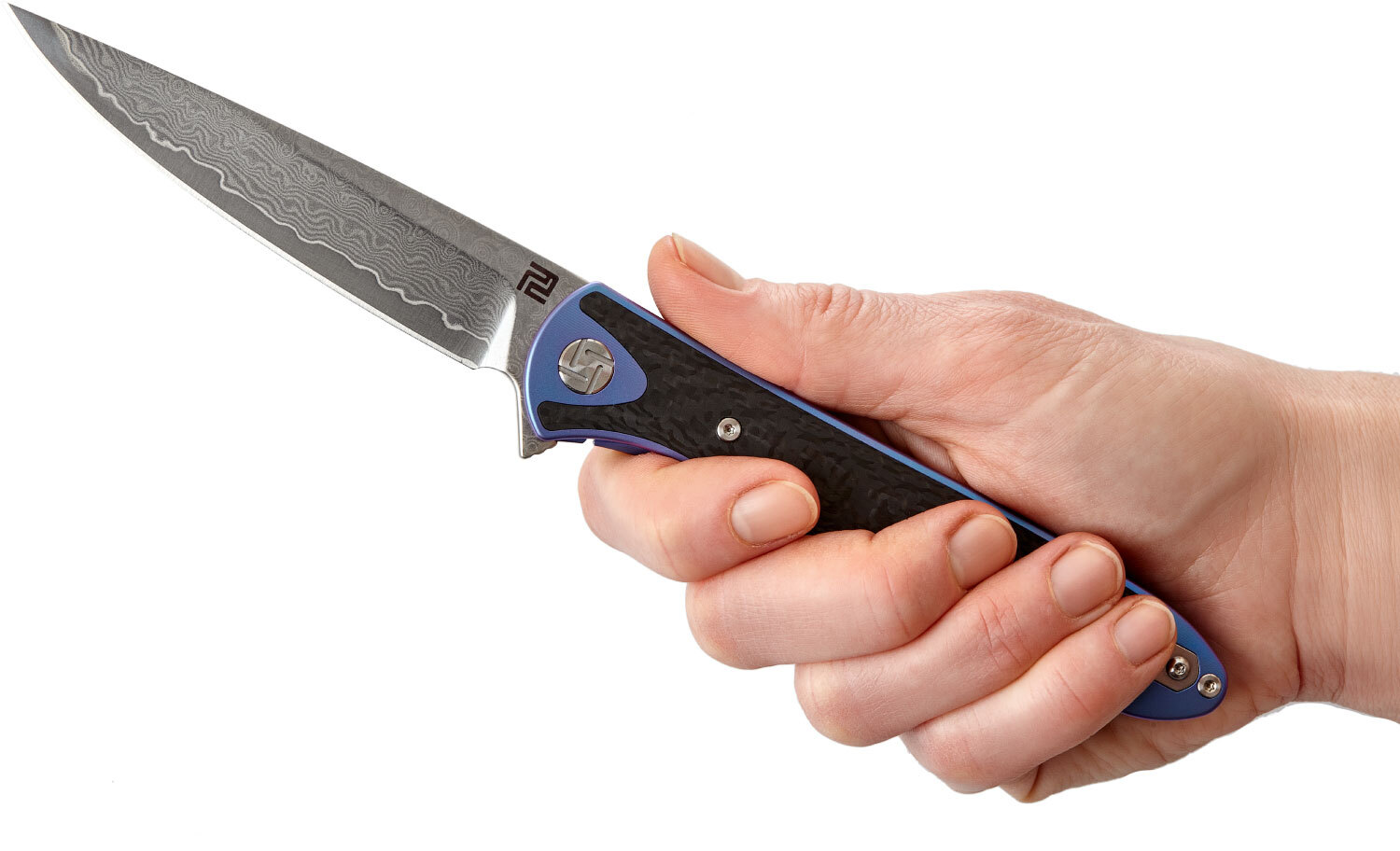 Нож Artisan Shark Damascus Titanium Blue