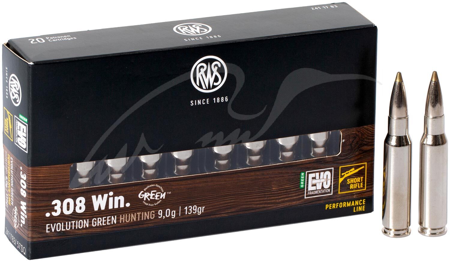 Патрон RWS кал. 308 Win пуля EVO Green Short Rifle масса 9 г/139 гран