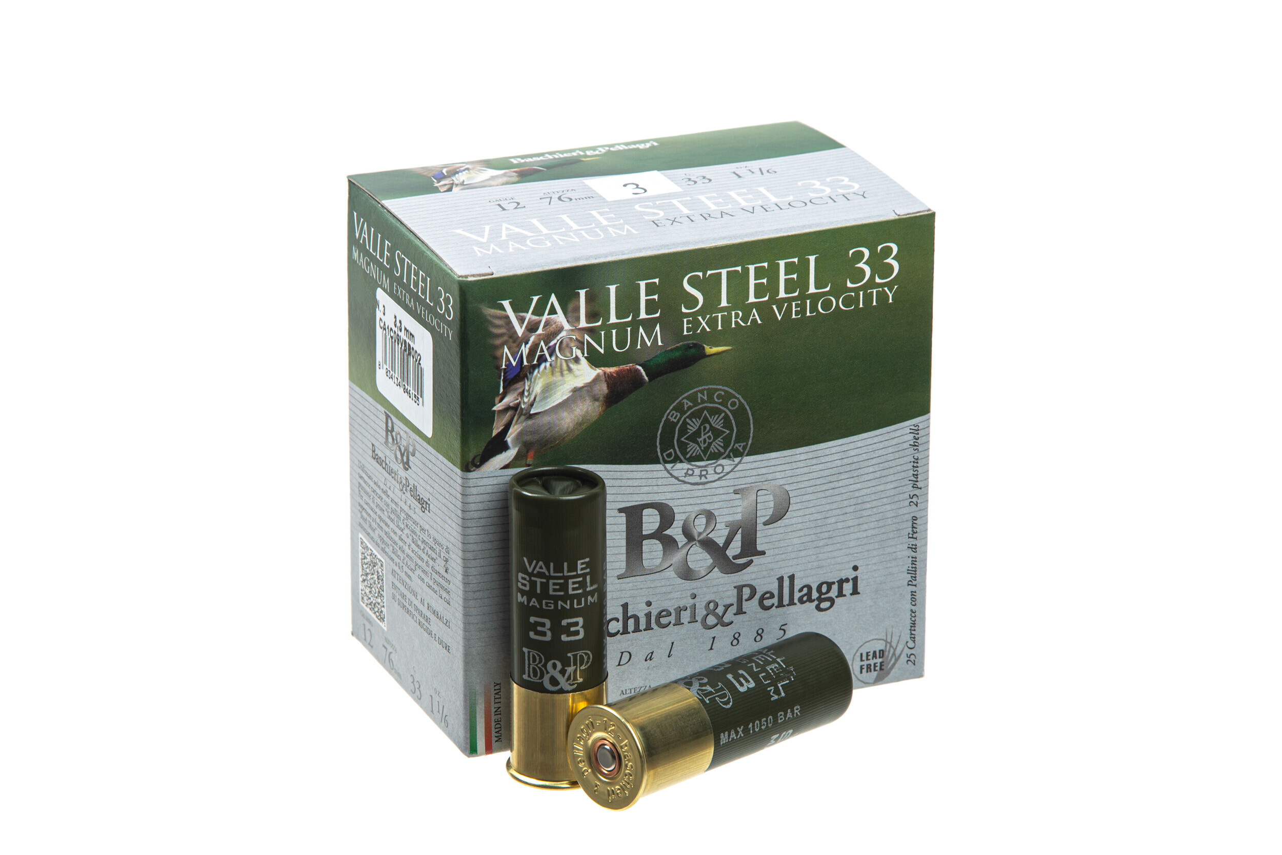 Патрон охотничий B&P VALLE STEEL MAGNUM (стальная дробь) к.12/20/76  №3, 25/250шт 33гр