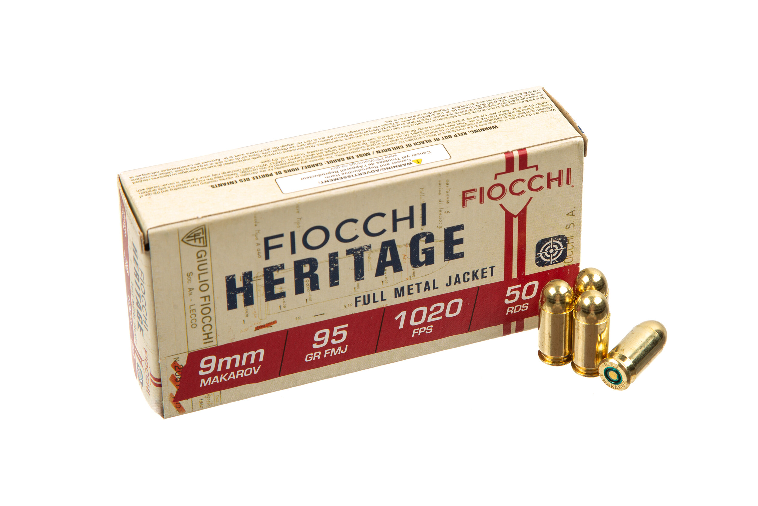 Патрон нарезной Fiocchi 9x18 Makarov. FMJ, 95 Gr (6,16 г) 50шт/уп