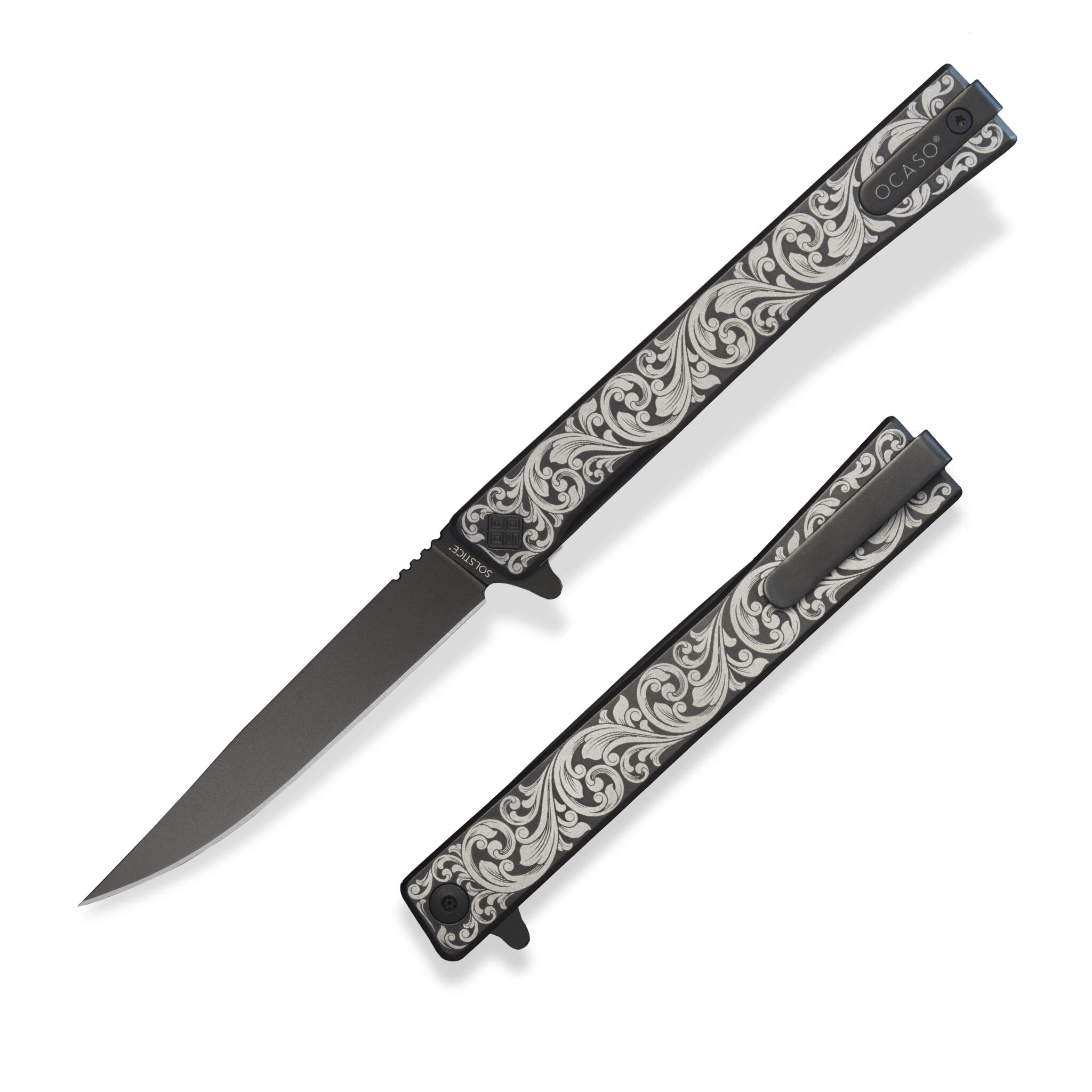 Нож Ocaso "Solstice", Engraved  titanium Scroll Pattern, Black