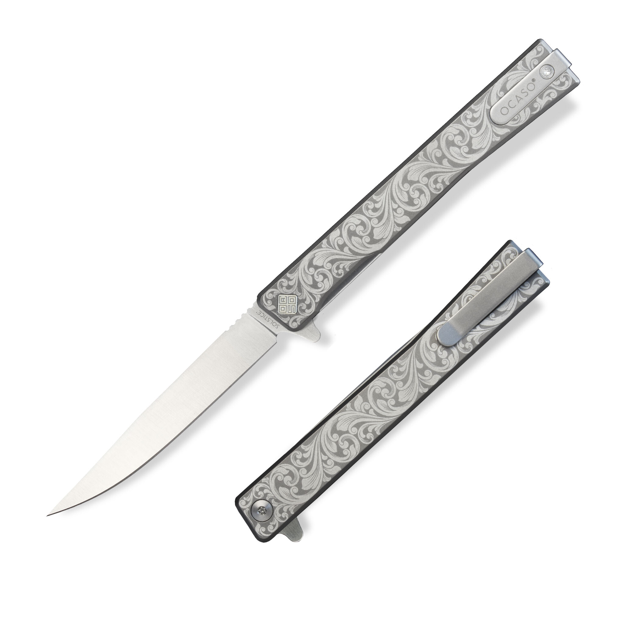 Нож Ocaso "Solstice", Engraved  titanium, Scroll Pattern, Satin