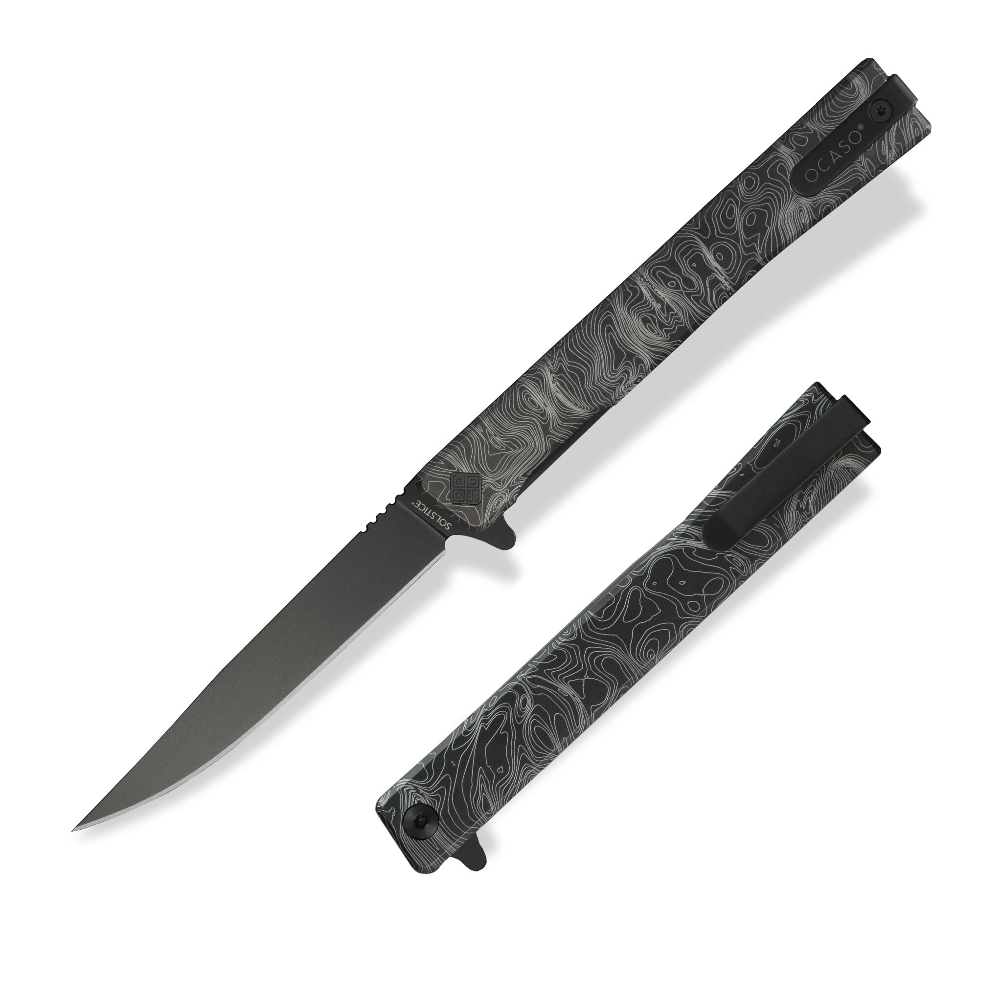 Нож Ocaso "Solstice", Engraved  titanium Topo Pattern, Black