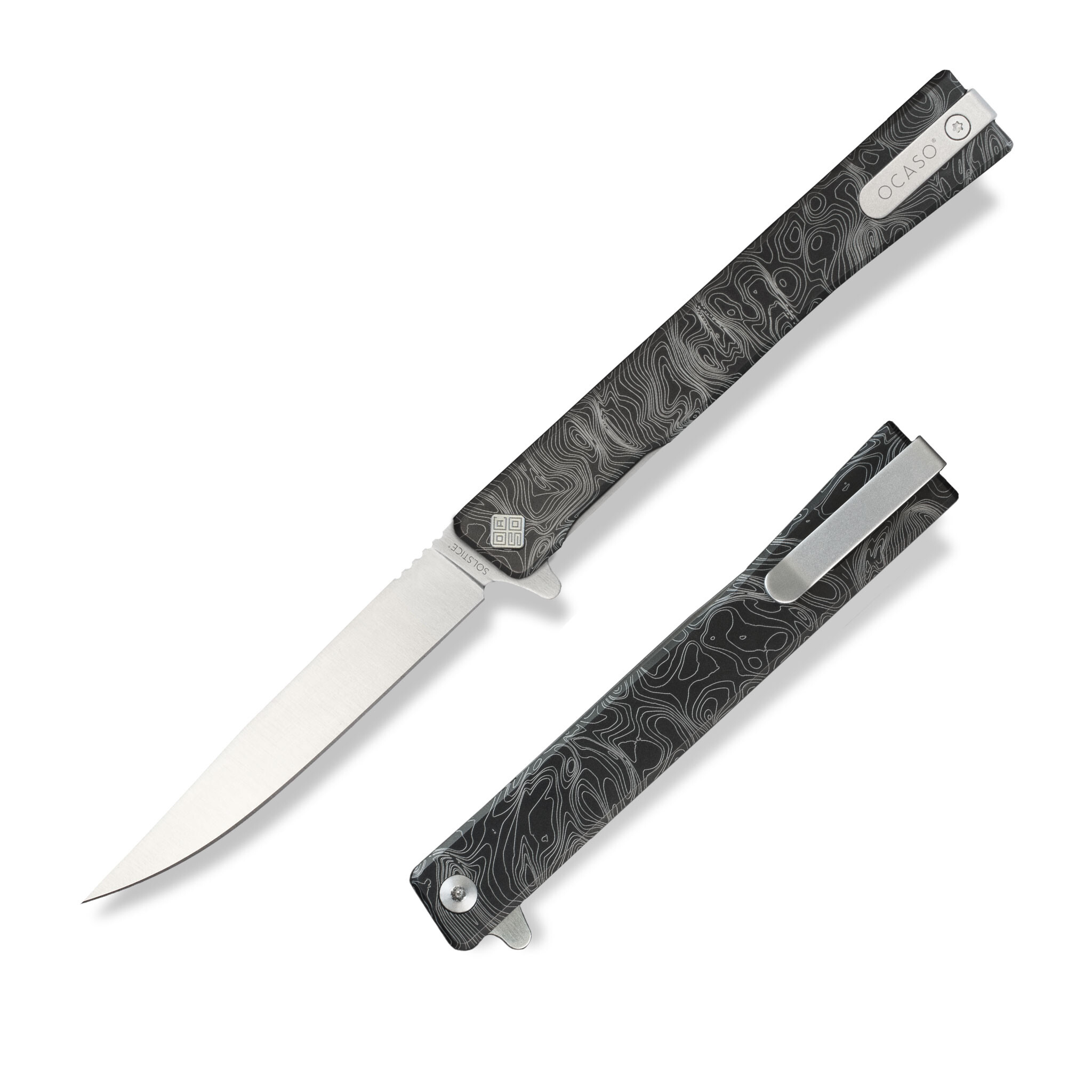 Нож Ocaso "Solstice", Engraved  titanium, Topo Pattern, Satin