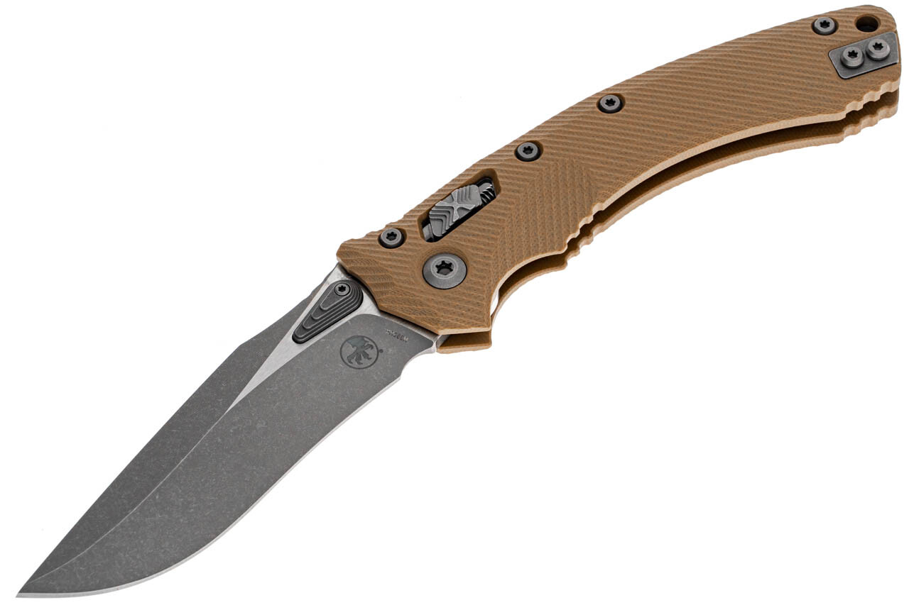 Нож Microtech Amphibian Ram-Lock, клинок Apoc Fluted, рукоять tan G10