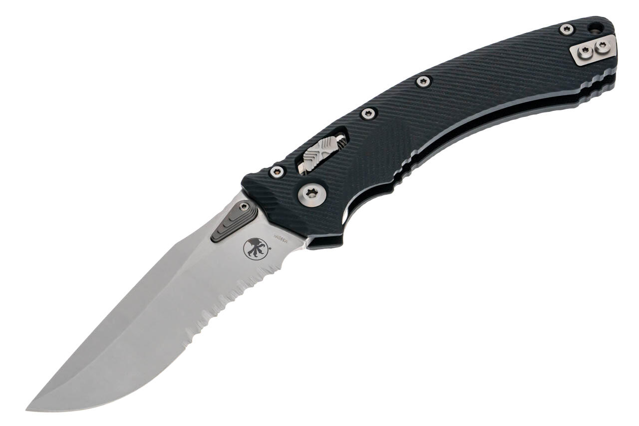 Нож Microtech Amphibian Ram-Lok, клинок полусерр. Stwsh Fluted,  рукоять черная G10