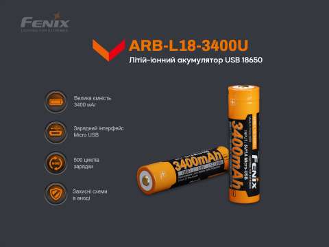 ARB-L18-3400U Акумулятор 18650 Fenix (3400 mAh) micro usb зарядка