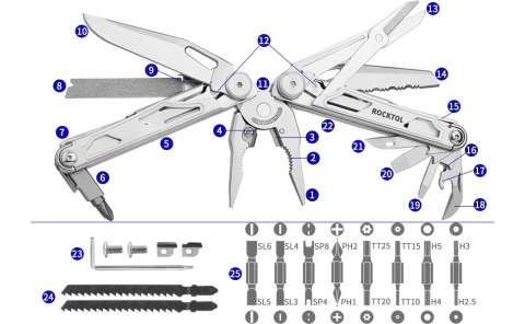 Мультитул Rocktol SK05 29-в-1 з нейлоновим чохлом, бітами та запасними аксесуарами