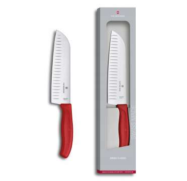 Ніж кухонний Victorinox SwissClassic Santoku Fluted, 17 см, червоний, подар. кор.