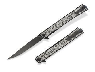 Нож Ocaso "Solstice", Engraved  titanium Scroll Pattern, Black